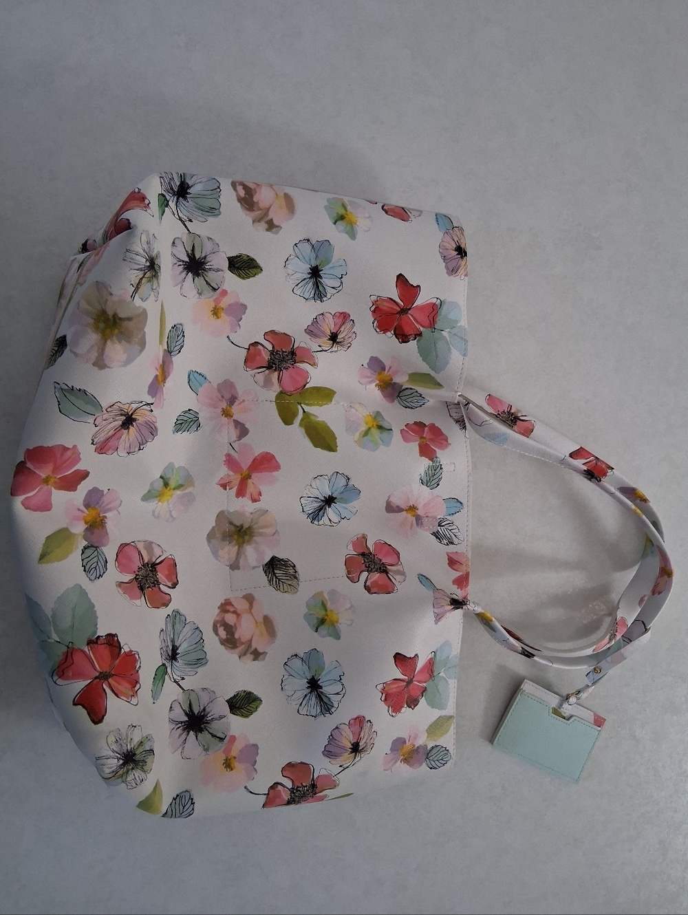 Indigo/ Floral Print Tote Bag with Mint Inside/ Card Holder - Picture 4 of 16